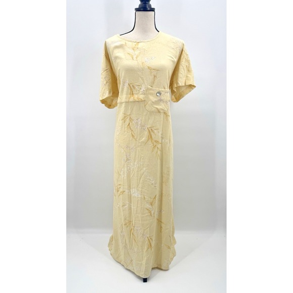 Lagenlook Dresses & Skirts - VTG 90s Real Cottagecore Yellow Floral Linen Maxi Dress 16 W Country Lagenlook
